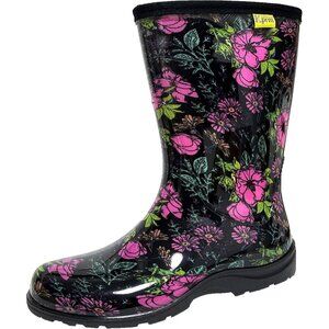 Women's Pink Black Print Waterproof Mid Calf Rubber Garden Comfort Insole Boot